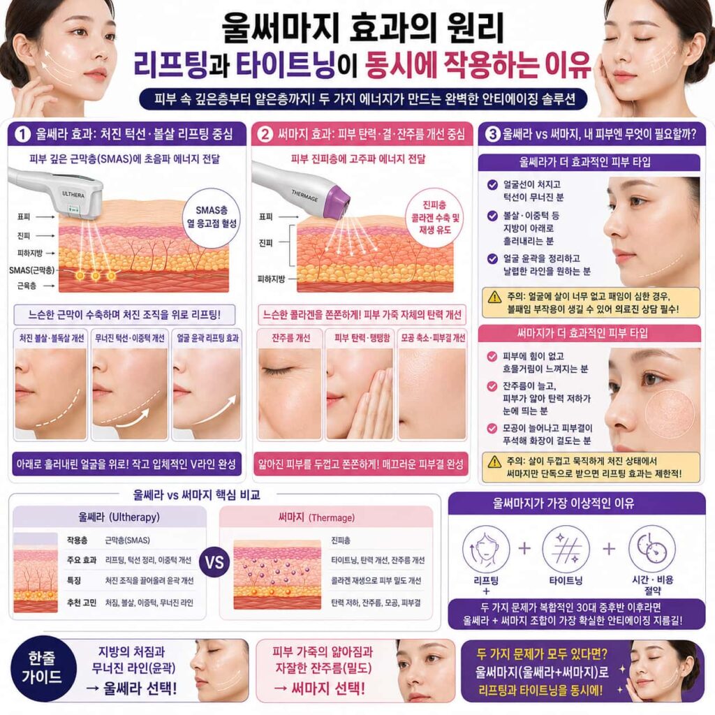 울써마지 효과의 원리를 울쎄라와 써마지의 작용층, 리프팅과 타이트닝 차이, 피부 타입별 추천 기준으로 비교 설명한 인포그래픽.