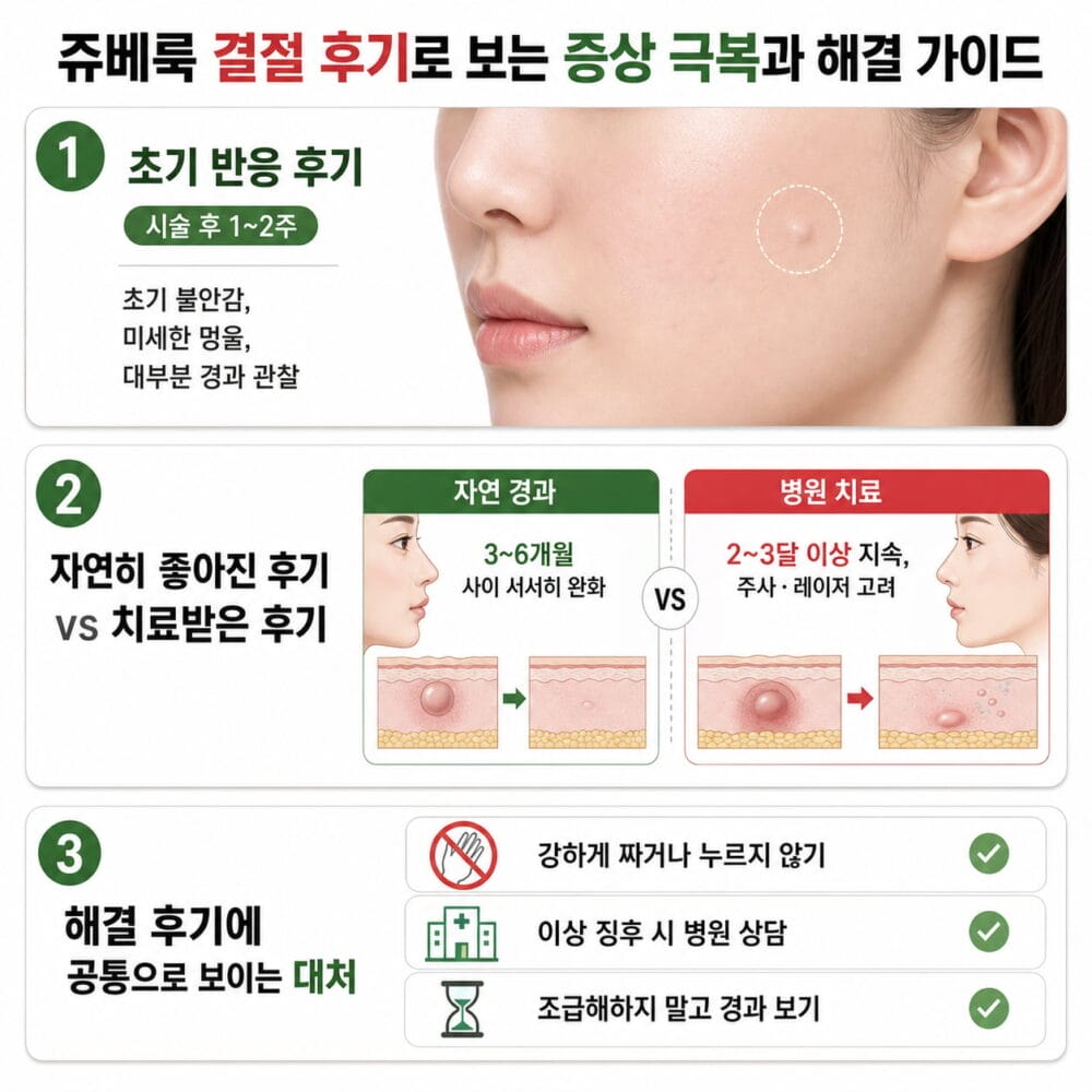 쥬베룩 결절 후기에서 자주 언급되는 초기 반응, 자연 경과와 병원 치료 차이, 공통 대처법 3가지를 정리한 정사각형 의료 인포그래픽