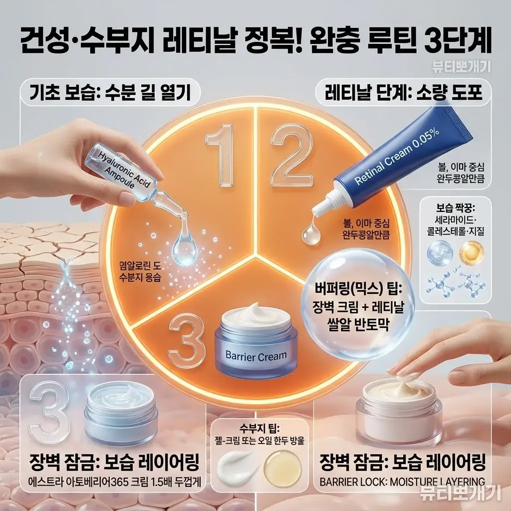 건성과 수부지 피부의 속건조와 각질 들뜸을 예방하기 위해 크림을 섞어 바르는 완충(버퍼링) 레티놀 바르는법 이미지