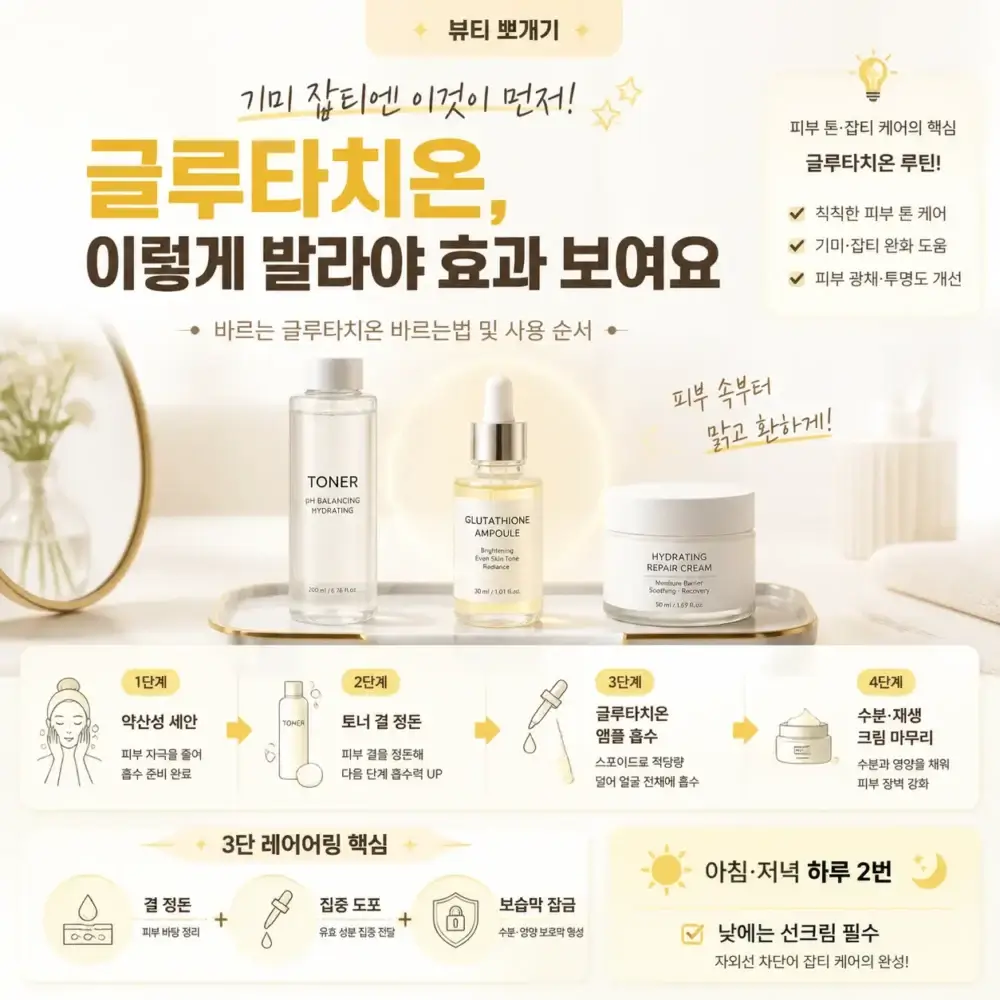 바르는 글루타치온 화장품의 올바른 사용 순서와 바르는법을 단계별로 설명한 인포그래픽. 약산성 세안, 토너, 글루타치온 앰플, 수분 크림 순으로 피부에 흡수시키는 루틴과 사용 주기를 정리했다.