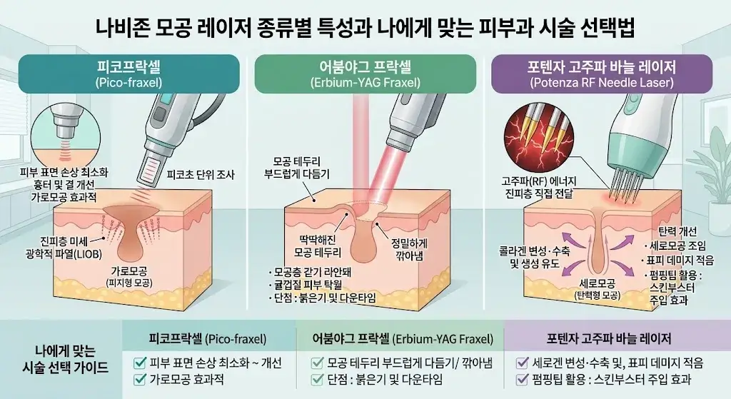 피부 표면 손상을 줄이는 피코프락셀의 LIOB 원리와 테두리를 깎아내는 어븀야그 레이저의 박피 방식 비교