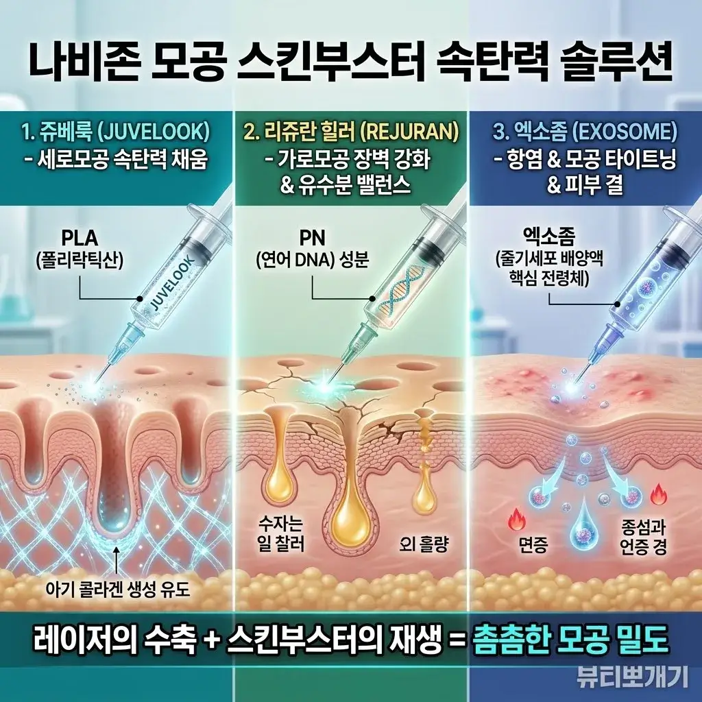 진피층에 주입된 쥬베룩 성분이 자가 콜라겐 생성을 촉진하여 꺼진 세로모공 주변을 채우는 원리 단계별 그림