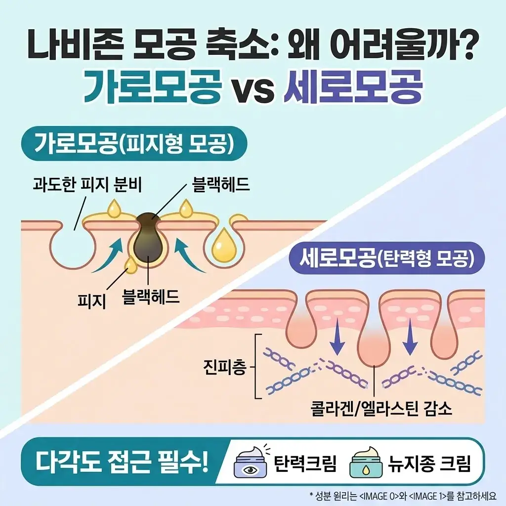 나비존의 피지형 가로모공과 탄력 저하로 늘어진 세로모공의 형태 및 원인 비교 그림