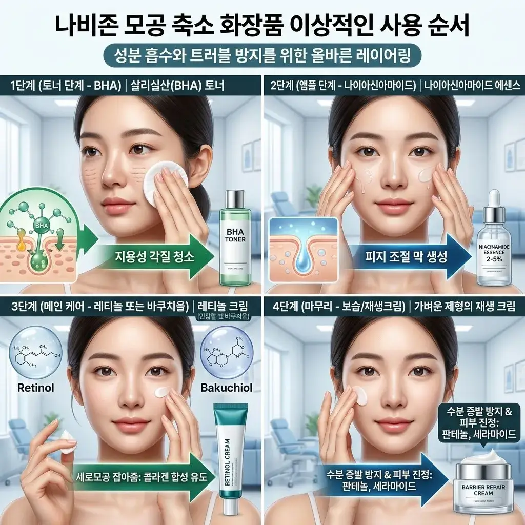 바하 토너 나이아신아마이드 에센스 레티놀 크림 재생크림 순서로 바르는 나비존 모공 화장품 이상적인 사용 단계 가이드