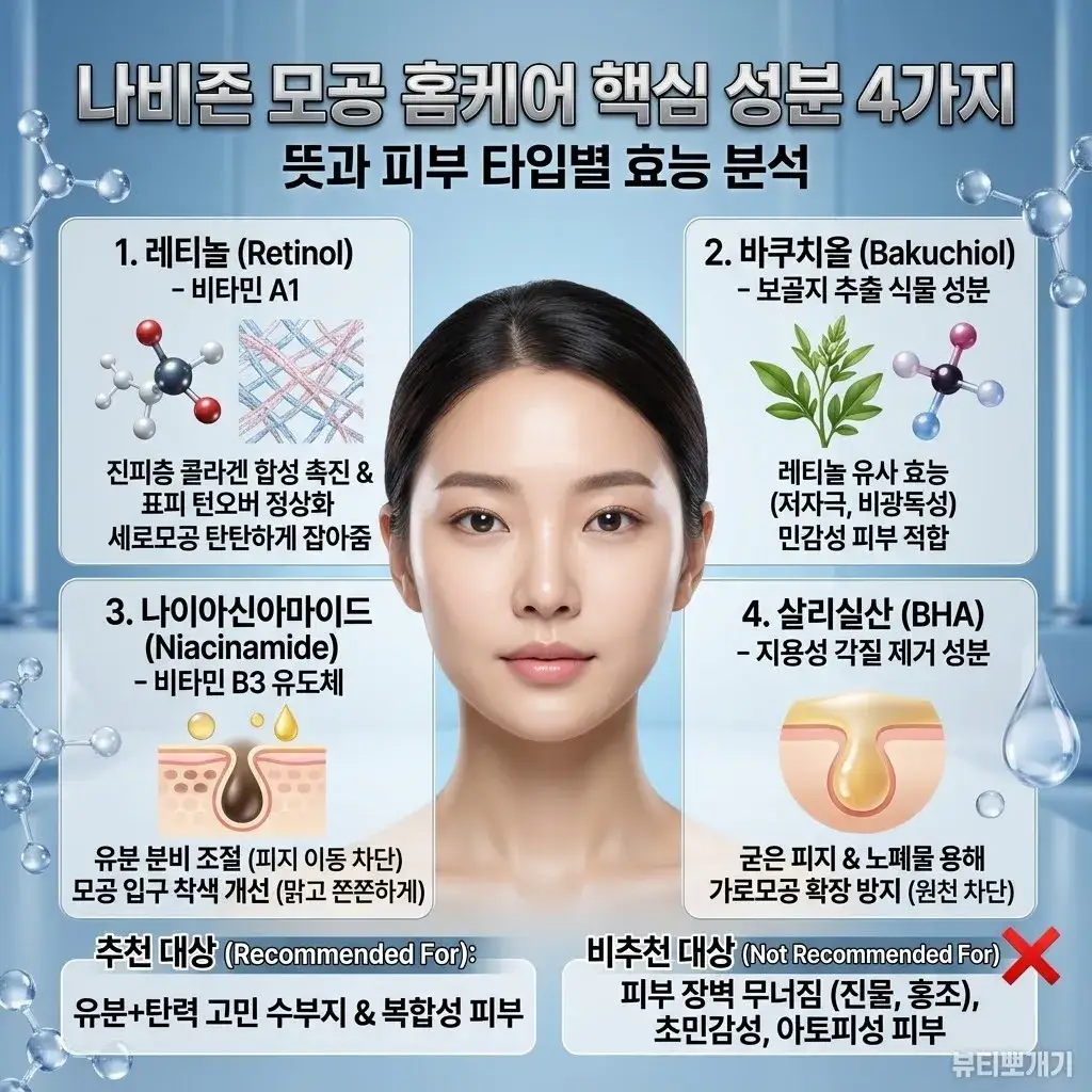 모공 탄력을 높이는 레티놀 바쿠치올과 피지 및 각질을 조절하는 나이아신아마이드 바하 BHA 성분의 특징 요약