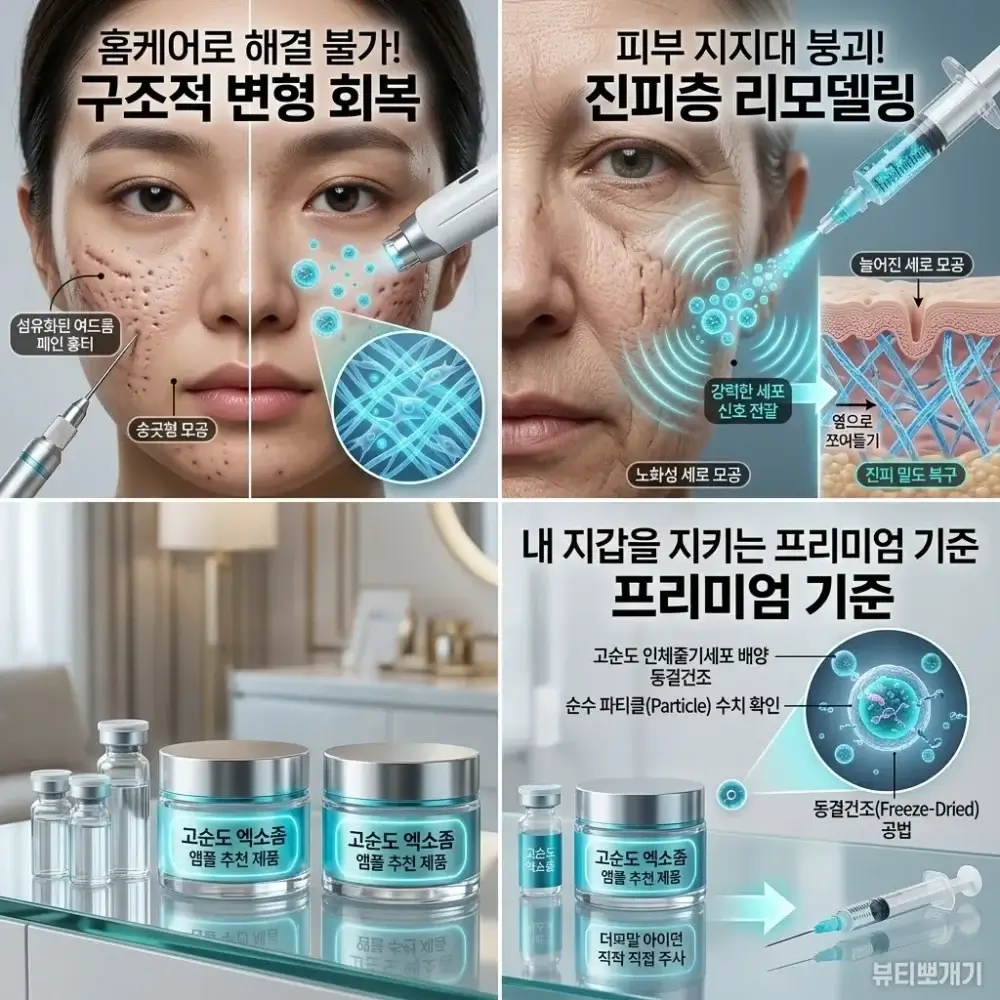 화장품 홈케어 한계를 극복하기 위해 피부과 시술이 필요한 섬유화된 여드름 패인 흉터 및 탄력 저하로 늘어진 세로 모공 피부 상태 비교
