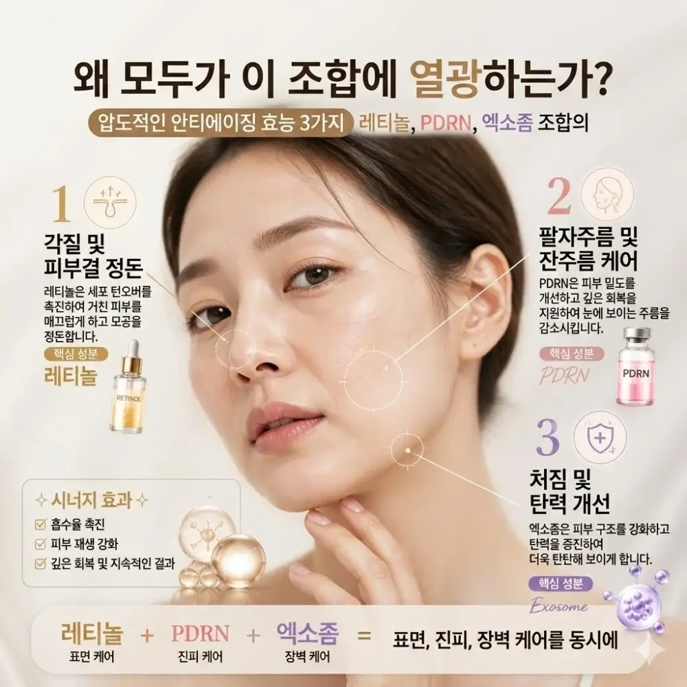 레티놀 PDRN 엑소좀 조합의 피부 안티에이징 시너지 효과 메커니즘 인포그래픽