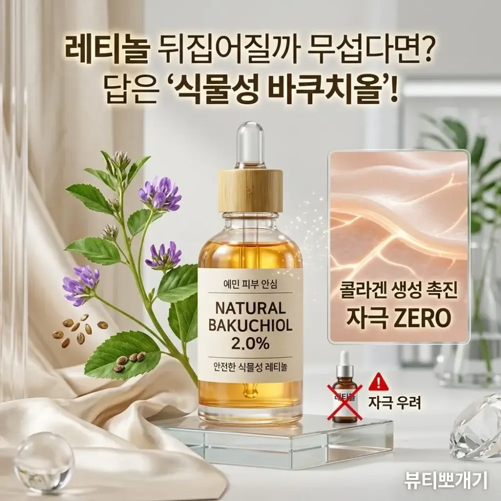 스킨부스터 시술 후 민감해진 피부를 위해 레티놀 대체 성분으로 추천되는 보골지 추출 식물성 바쿠치올의 주름 개선 및 콜라겐 합성 효능과 낮은 피부 자극 및 자외선 안정성 비교 선택 가이드 구조도
