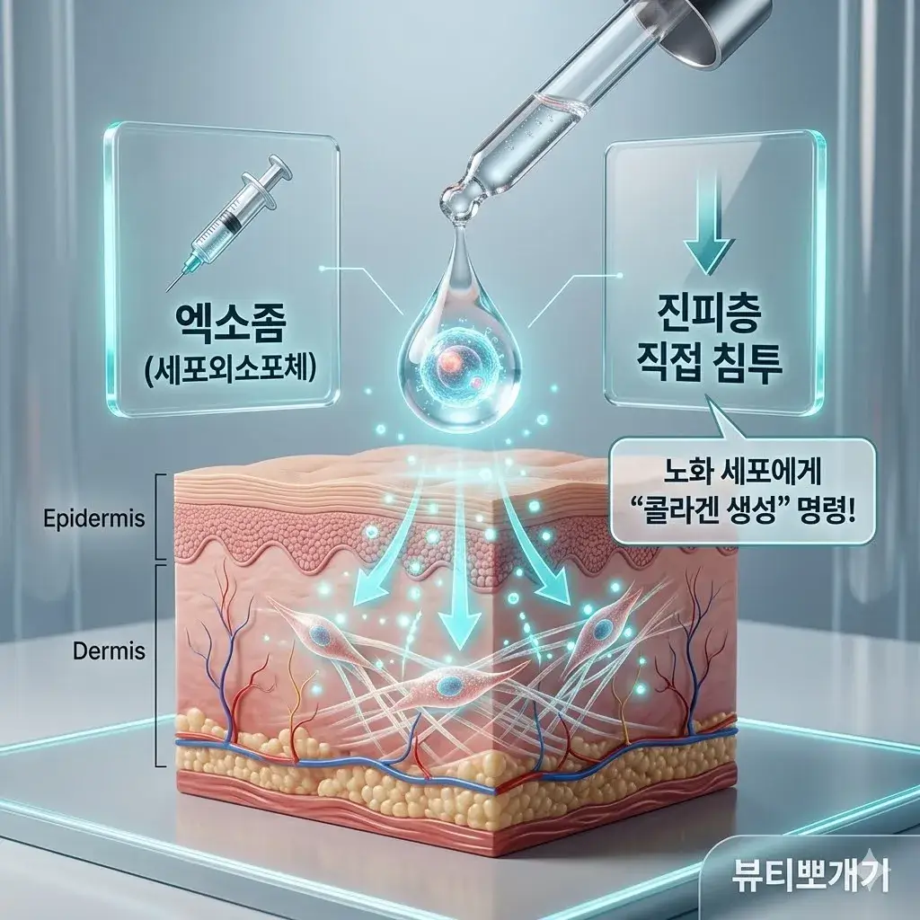 세포외소포체인 엑소좀이 줄기세포에서 분비되어 성장인자와 RNA를 전달하고 피부 세포의 콜라겐 재생을 촉진하는 스킨부스터 원리 과학도