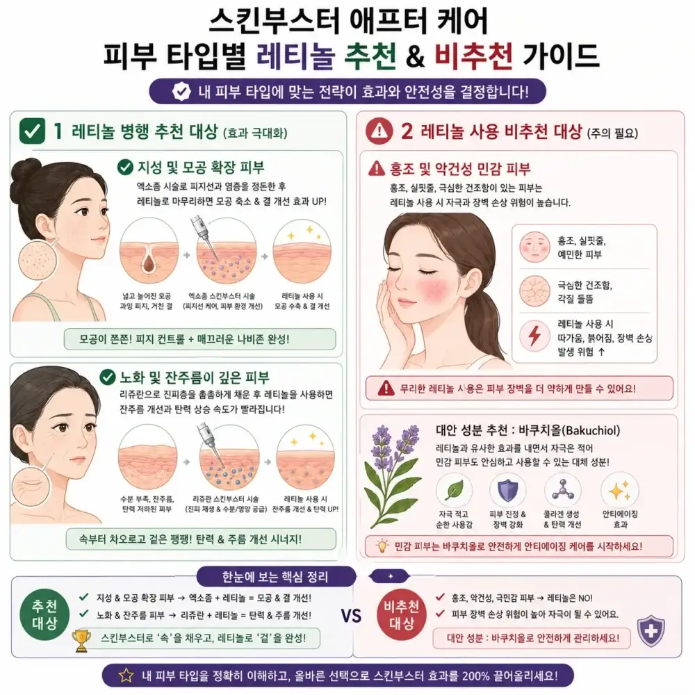 스킨부스터 시술 후 레티놀 루틴 적용이 적합한 추천 대상(지성 모공 피부, 노화 잔주름 피부)과 부작용 위험으로 주의가 필요한 비추천 대상(홍조 민감성 악건성 피부) 및 바쿠치올 대체 제안 비교 분석도