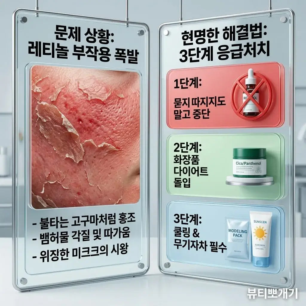 스킨부스터 후 레티놀 부작용으로 나타나는 얼굴 붉어짐, 따가움, 각질 일어남 증상과 레티놀 중단, 시카 판테놀 크림을 활용한 화장품 다이어트, 쿨링 및 무기자차 차단제 사용으로 구성된 3단계 응급처치 해결방법 가이드