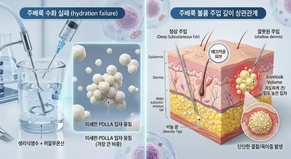 쥬베룩 결절 원인을 설명하는 인포그래픽. 쥬베룩 수화(Hydration) 과정의 중요성과 주베룩 볼륨 입자의 크기 및 주입 깊이에 따른 결절 발생 메커니즘을 시각적으로 보여줌.