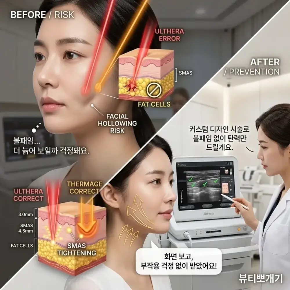 울쎄라 실시간 초음파 모니터링 화면을 통한 피부 층 확인 및 볼패임 부작용 예방 원리 (옆볼 지방층을 피해 SMAS 근막층만 정확히 타겟팅하는 부위별 맞춤형 커스텀 디자인 시술법)