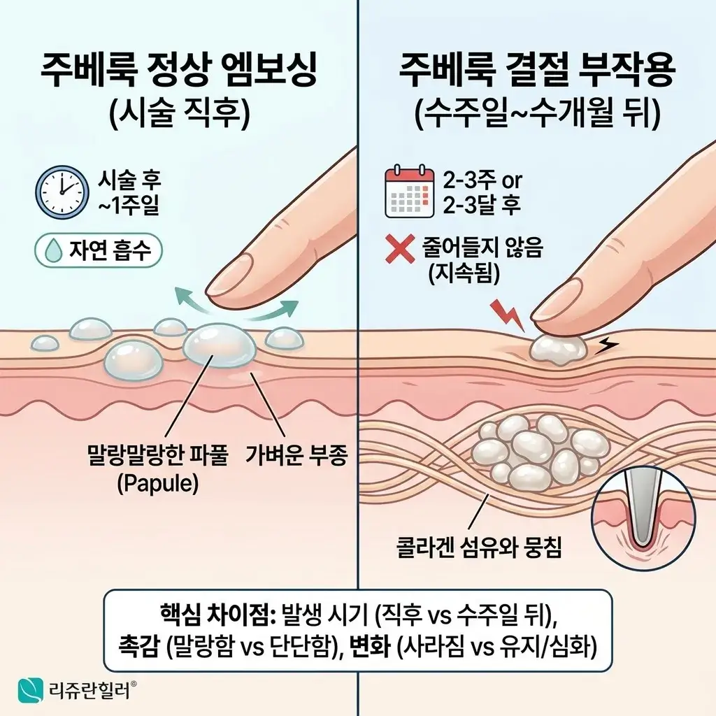 쥬베룩 시술 후 발생할 수 있는 정상 엠보싱과 부작용인 쥬베룩 결절을 비교하는 이미지. 왼쪽은 시술 직후 부드러운 엠보싱 상태를, 오른쪽은 수주 후 피부 속 딱딱하게 만져지는 쥬베룩 결절의 형태를 시각적으로 보여줌.