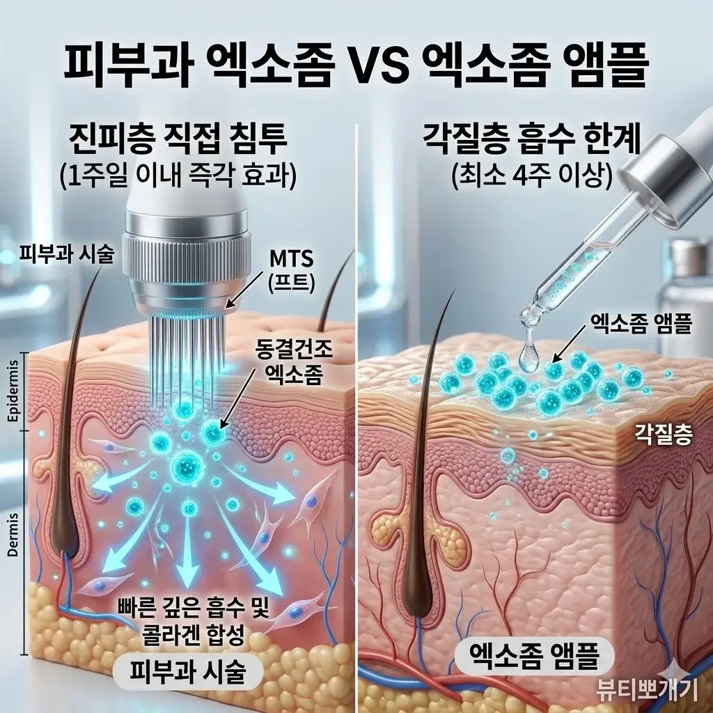 피부과 엑소좀 시술과 바르는 화장품 엑소좀 앰플의 진피층 침투율 및 세포 재생 효과 차이 비교 그래픽