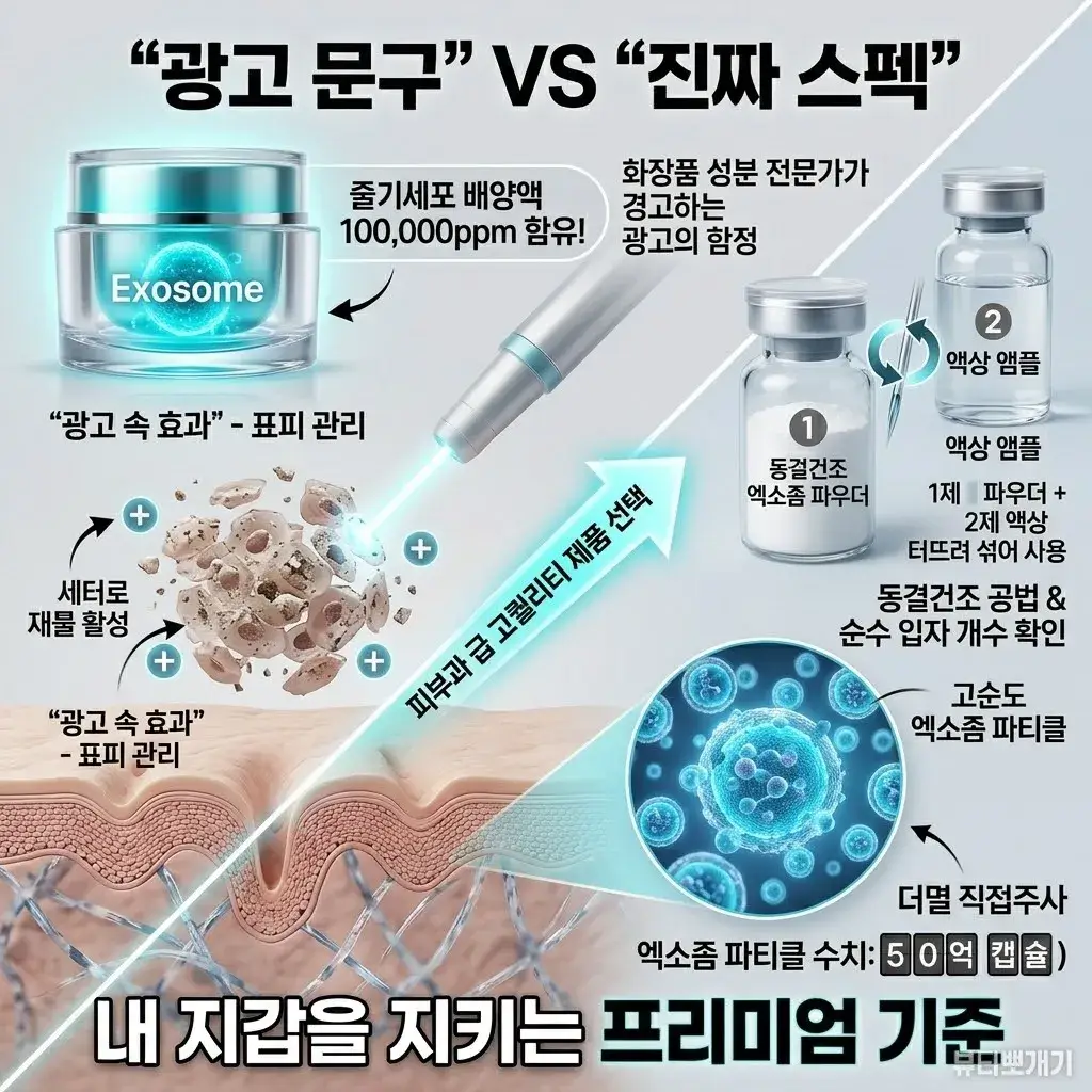 성분 전문가가 제안하는 엑소좀 앰플 추천 제품 선택 기준인 동결건조 파우더 형태 확인 및 1ml당 순수 파티클 입자 수 수치 비교