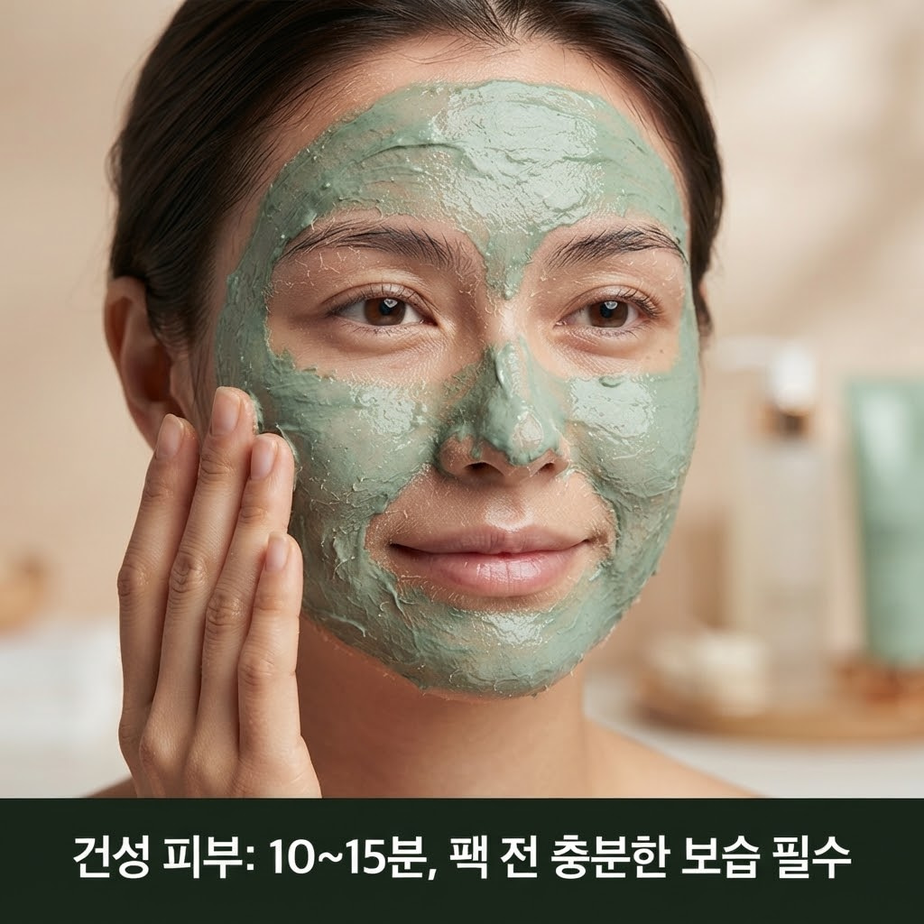세안 후 당김이 있는 건성 피부에 모델링팩을 도포하고 보습을 챙기는 모델