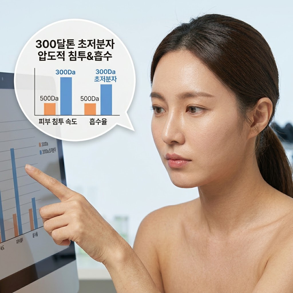 500달톤 콜라겐에 비해 훨씬 미세한 300달톤 초저분자 콜라겐이 진피층까지 빠르게 침투하여 피부 뼈대를 쫀쫀하게 채우는 비교 모습
