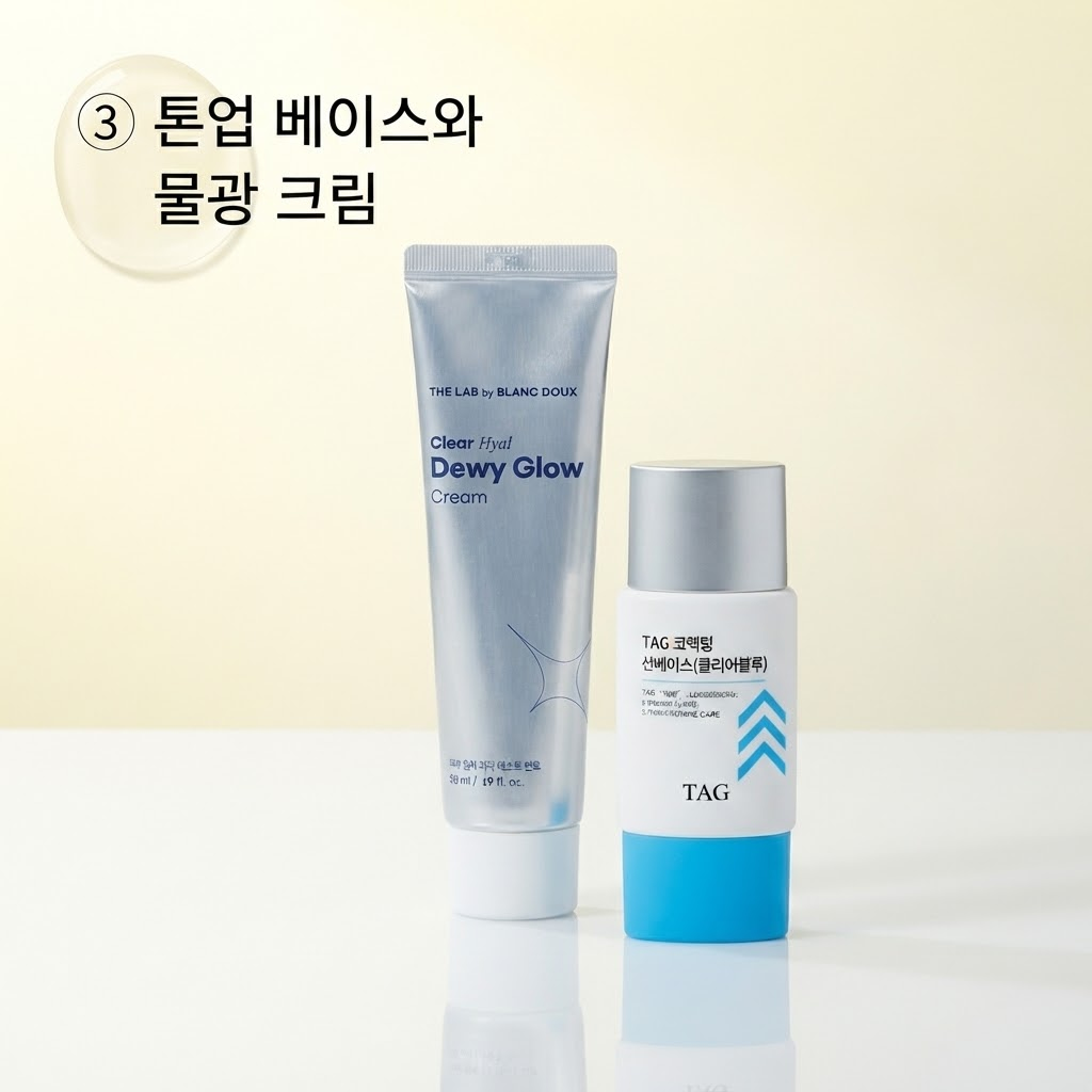 더랩바이블랑두 물광 크림 튜브와 태그 코렉팅 선베이스 병. 파데프리 베이스 메이크업을 위한 다이소 화장품 추천템.