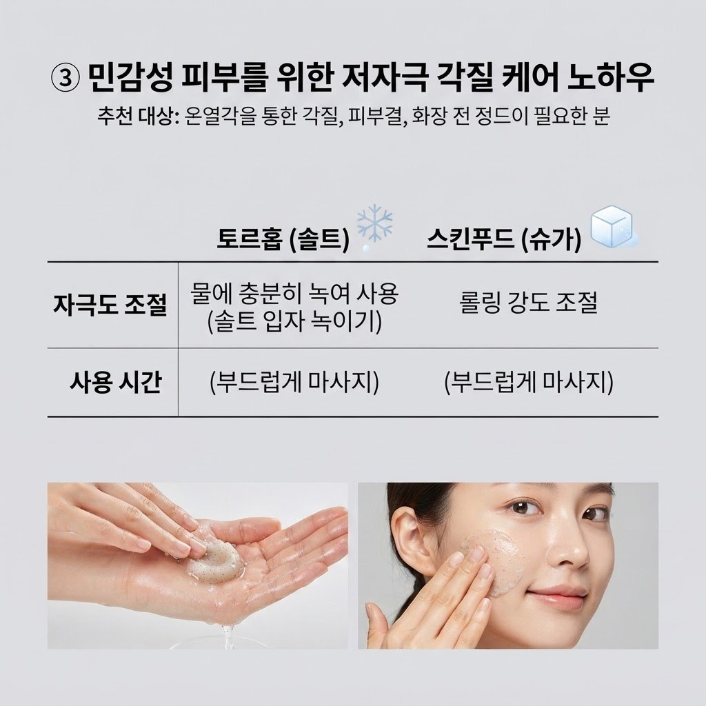 민감성 피부가 토르홉 솔트마스크나 스킨푸드 슈가팩을 자극 없이 사용하는 저자극 롤링 방법 안내.