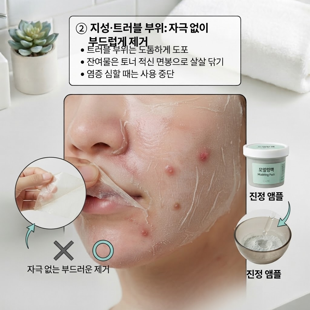 모델링팩 부작용을 막기 위해 트러블 부위의 팩을 도톰하게 올려 부드럽게 제거하는 방법.