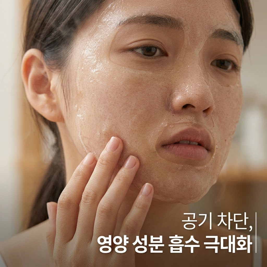 아늑한 에스테틱 무드의 스킨케어 공간. 투명 유리 소재의 '계량컵 없는 믹싱 볼'에 팩 반죽이 절반쯤 남아 있고, "두 개의 사람 손"이 스패출러를 이용해 고농축 앰플이 듬뿍 발린 얼굴 위에 모델링팩을 두껍고 빈틈없이 밀착시켜 덮어주며, 앰플이 공기 중으로 증발하지 않도록 100% 밀폐 환경을 조성하는 정교한 차단 액션.