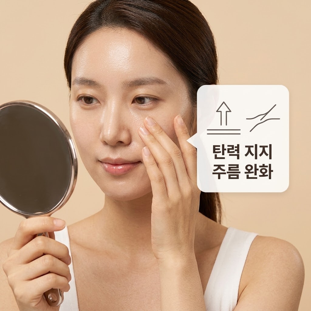 지방이 푹 꺼지고 얇아진 3040 피부 속에 초저분자 콜라겐이 탄탄한 철근처럼 채워져 눈가와 팔자 주변의 미세 주름이 옅어지는 안티에이징 효과