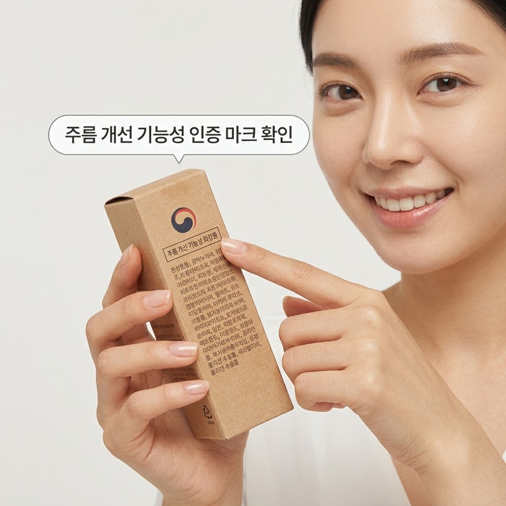 단순 수분팩과 진짜 안티에이징 팩을 구별하기 위해 화장품 단상자 뒷면에 표기된 식약처 인증 '주름 개선 기능성 화장품' 마크를 확인하는 모습