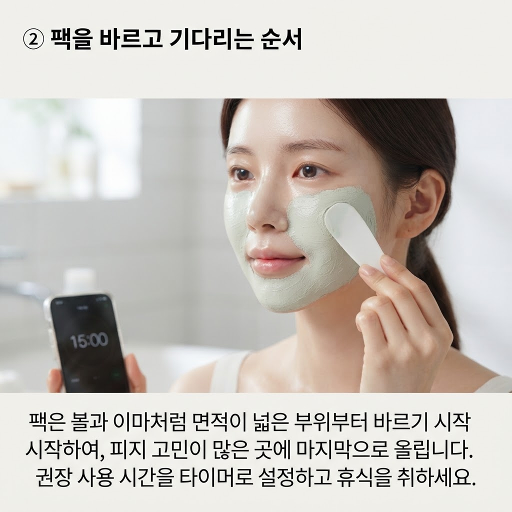 스패출러를 이용해 얼굴에 팩을 도포하고 타이머를 설정해 둔 여성의 모습