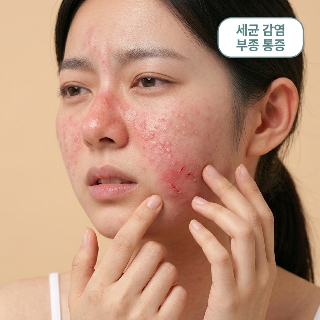 모델링팩 강제 박리로 인한 미세 상처 부위가 퉁퉁 부어오른(부종) 한국 여성의 턱 클로즈업. 걱정스러운 표정으로 통증을 느끼며 만지고 있다. '세균 감염', '부종 통증' UI 텍스트.
