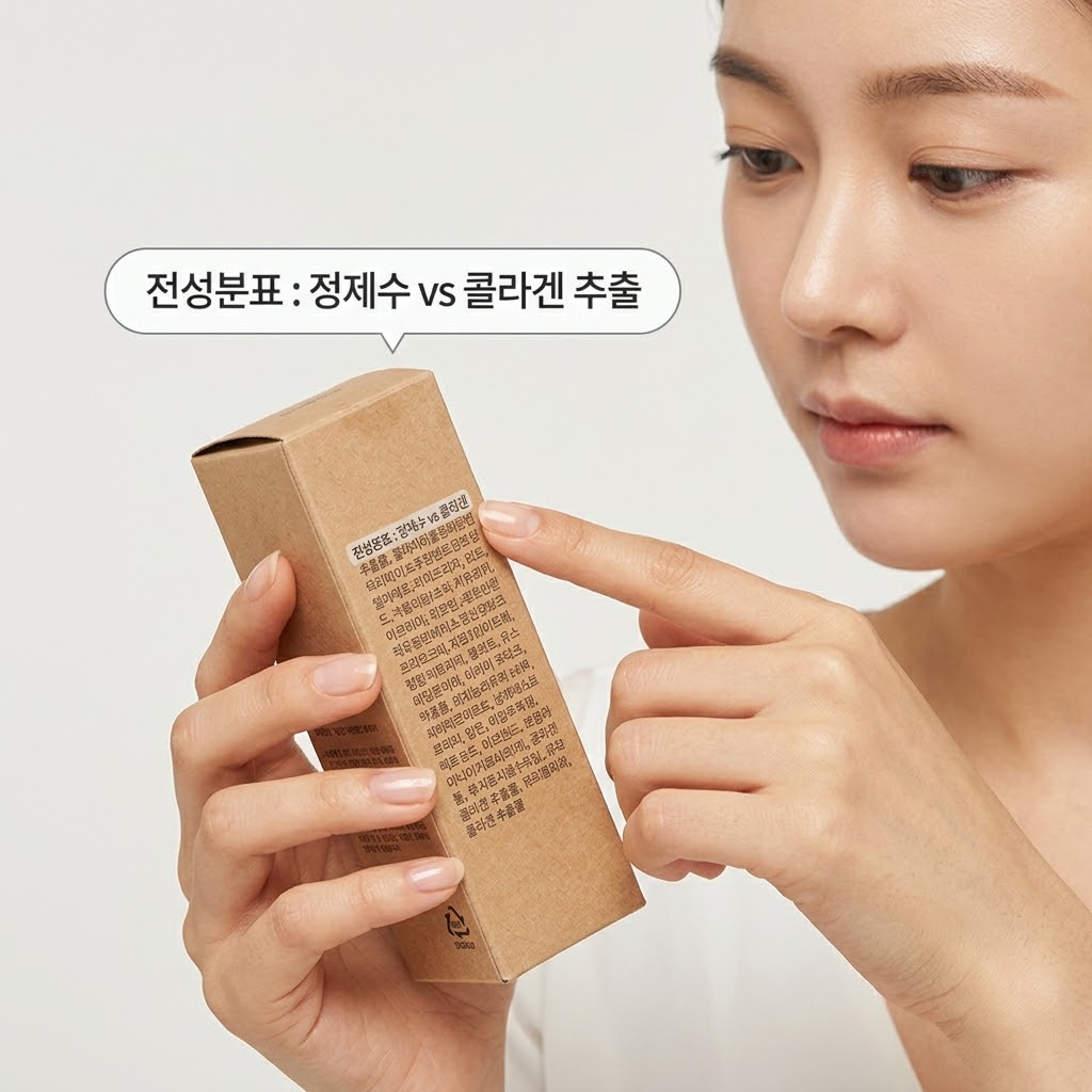 화장품 뒷면 전성분표 맨 앞에 정제수 대신 '콜라겐 추출물'이 첫 번째로 기재된 고함량 콜라겐 마스크팩의 성분표를 확인하는 모습