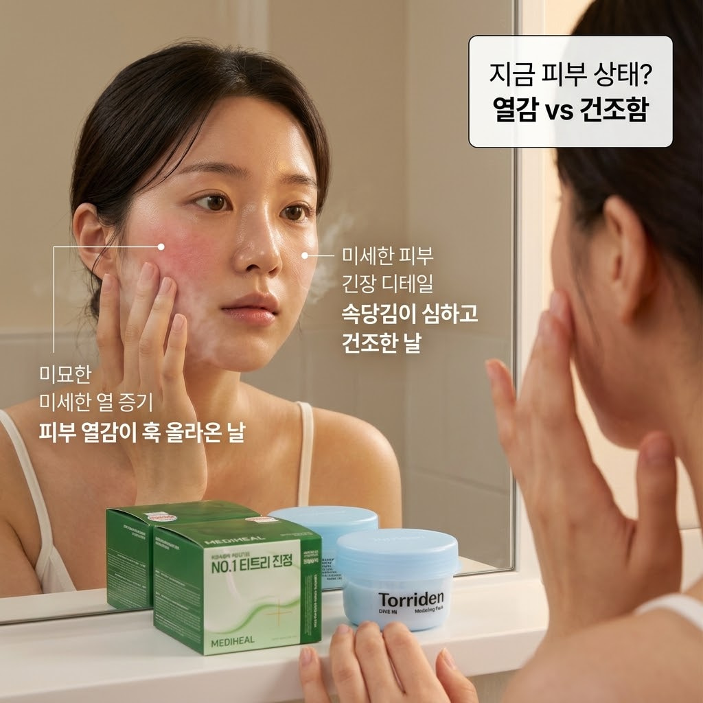 지성? 건성? 오늘 내 피부가 원하는 게 진짜 정답! 자연광이 비치는 화장대 앞. "두 개의 사람 손" 중 한 손은 찬 바람에 자극받아 건조해진 볼을 살포시 감싸며 현재 피부 상태를 점검하고, 다른 한 손은 즉각적인 수분 공급을 위한 밀착 고보습 모델링팩 파우치를 집어 들고 있습니다. 그 앞에는 팩을 개어낼 준비를 마친 맑은 투명 유리 소재의 "계량컵 없는 믹싱 볼"이 놓여 있어, 고정된 피부 타입이 아닌 당장의 컨디션에 맞춘 유연한 스킨케어 루틴을 보여줍니다.
