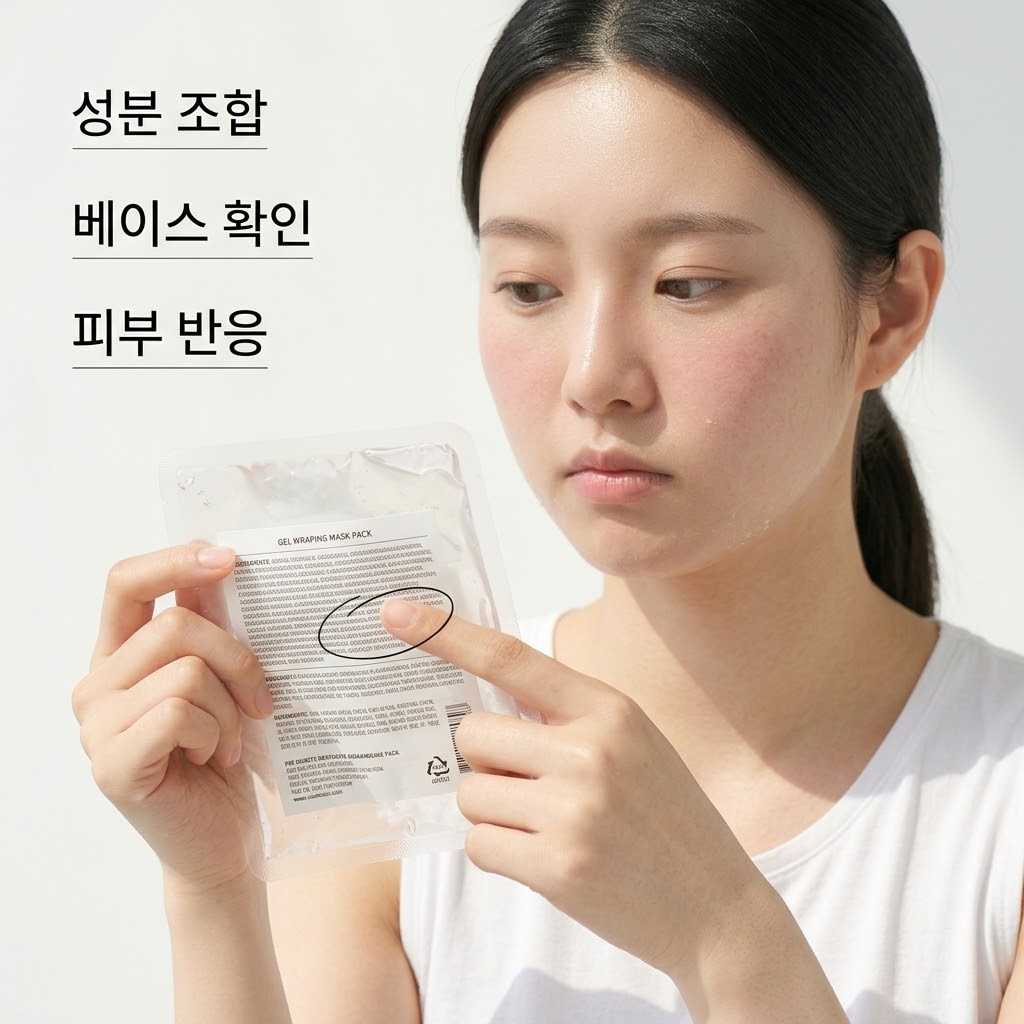 유효 성분 하나보다 중요한 건 '전체의 밸런스'! 차분한 조명의 파우더룸, 투명 유리 소재의 '계량컵 없는 믹싱 볼' 안에서 "두 개의 사람 손"이 스패출러를 이용해 랩핑팩 베이스를 부드럽게 섞고 살짝 들어 올리며, 팩의 점도와 질감(유분감, 수분감)이 전체적인 성분 조합과 잘 맞는지 세심하게 확인하는 모습.