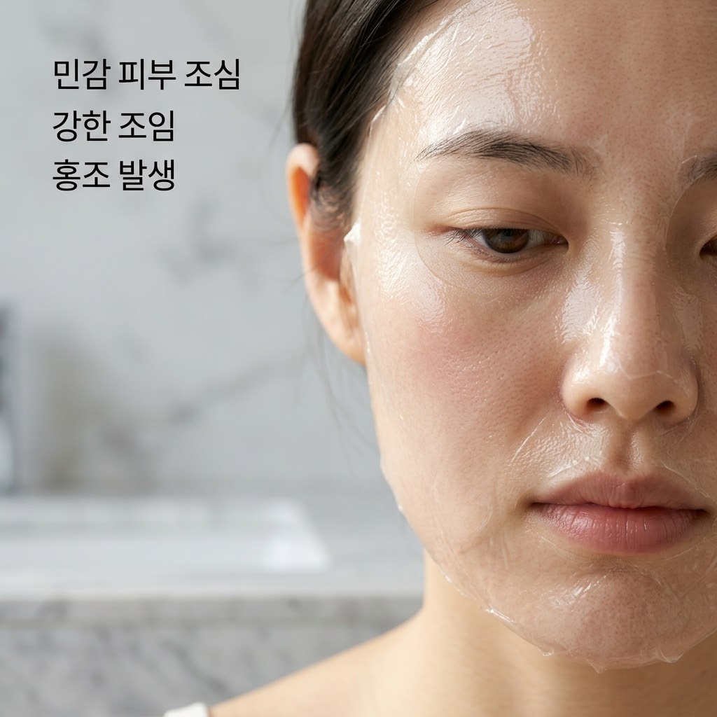 민감성 피부라면 앞면 광고 문구보다 뒷면 성분표 먼저! 차분한 분위기의 욕실 선반 앞. "두 개의 사람 손"이 화려한 앞면 디자인의 랩핑 마스크팩 패키지 하나를 들고 뒤집어서, 펜으로 뒷면 전성분표의 맨 윗줄('폴리비닐알코올')을 짚어가며 꼼꼼히 확인하고 있다. 그 옆에는 아직 굳지 않은 촉촉한 상태의 팩 베이스가 담긴 투명 유리 소재의 "계량컵 없는 믹싱 볼"이 놓여 있어 대조를 이룬다.