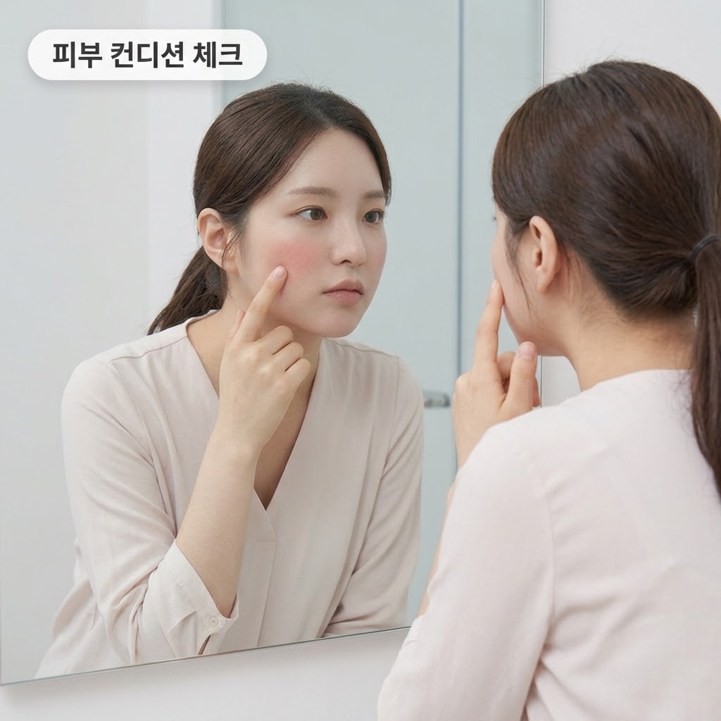 거울을 보며 피부 홍조와 컨디션을 체크하여 모델링팩 사용 빈도를 조절하거나 중단하는 모습