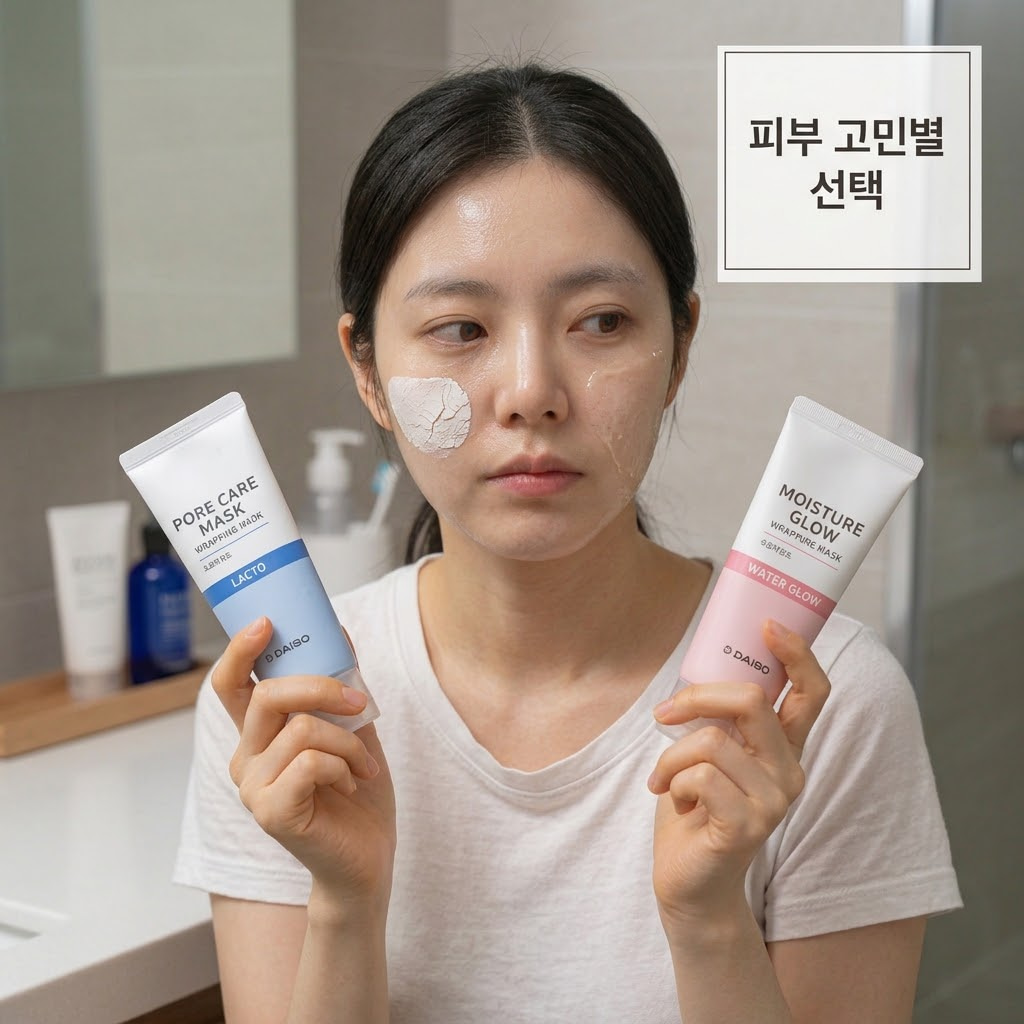 전문가 무드의 화장대 위. 맑은 투명 유리 소재의 '계량컵 없는 믹싱 볼'을 중앙에 두고, "두 개의 사람 손"이 피지 흡착을 돕는 쫀쫀한 락토 라인 제형과 깊은 보습을 채우는 촉촉한 물광 라인 제형을 각각 양손의 손등에 조금씩 덜어 텍스처를 스와치(테스트)하며, 오늘 내 피부 컨디션에 딱 맞는 팩을 신중하게 비교하고 고르는 능동적인 액션.
