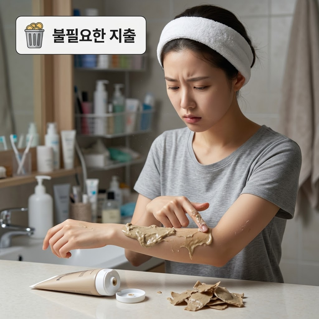 차분한 조명의 스킨케어 테이블 위. 스테인리스 소재의 '계량컵 없는 믹싱 볼'에 딱딱하게 굳어버린 팩 덩어리가 담겨 방치되어 있고, "두 개의 사람 손" 중 한 손의 손등 위에 굳은 팩을 억지로 펴 발라보았으나 얇게 발리지 않고 두껍고 불규칙하게 뭉쳐버려 결국 다른 한 손으로 팩 바르기를 포기하듯 닦아내려 하는 낭비적이고 불편한 상황.