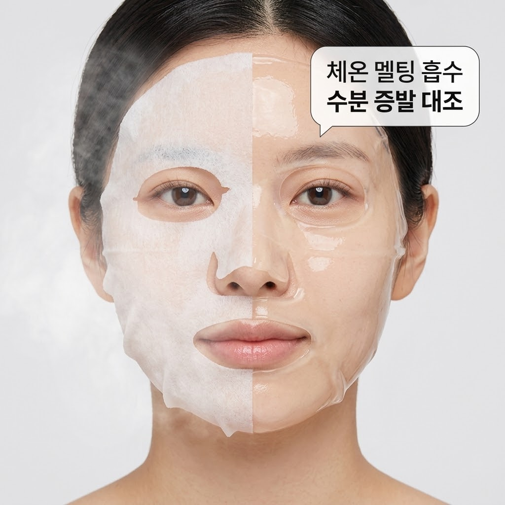 체온에 반응하여 투명하게 녹아들며 피부에 흡수되는 콜라겐 마스크팩의 멜팅 효과