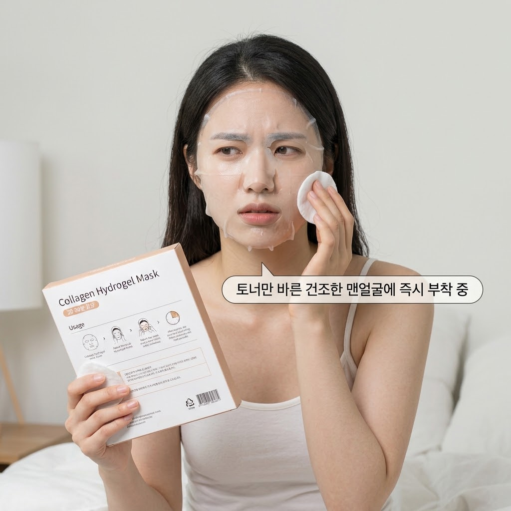 건조한 맨얼굴에 겔 마스크가 미끄러지는 것을 방지하기 위해 팩 부착 전 두 손으로 수분 앰플을 발라 바탕을 촉촉하게 세팅하는 모습