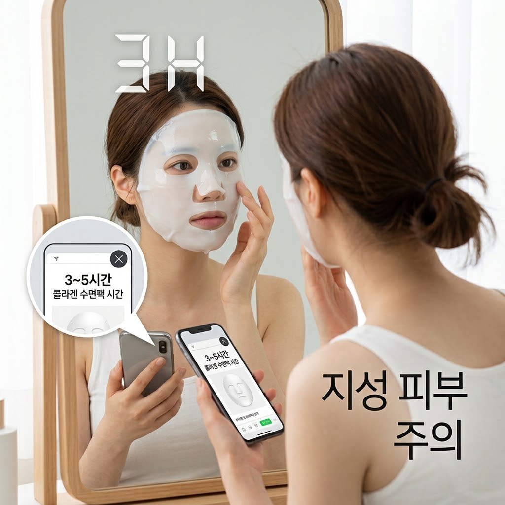 지성 및 트러블성 피부가 모공 막힘을 예방하기 위해 콜라겐 팩이 완전히 투명해지기 전, 반투명한 상태에서 미리 떼어낼 타이밍을 직관적으로 보여주는 텍스처 비교