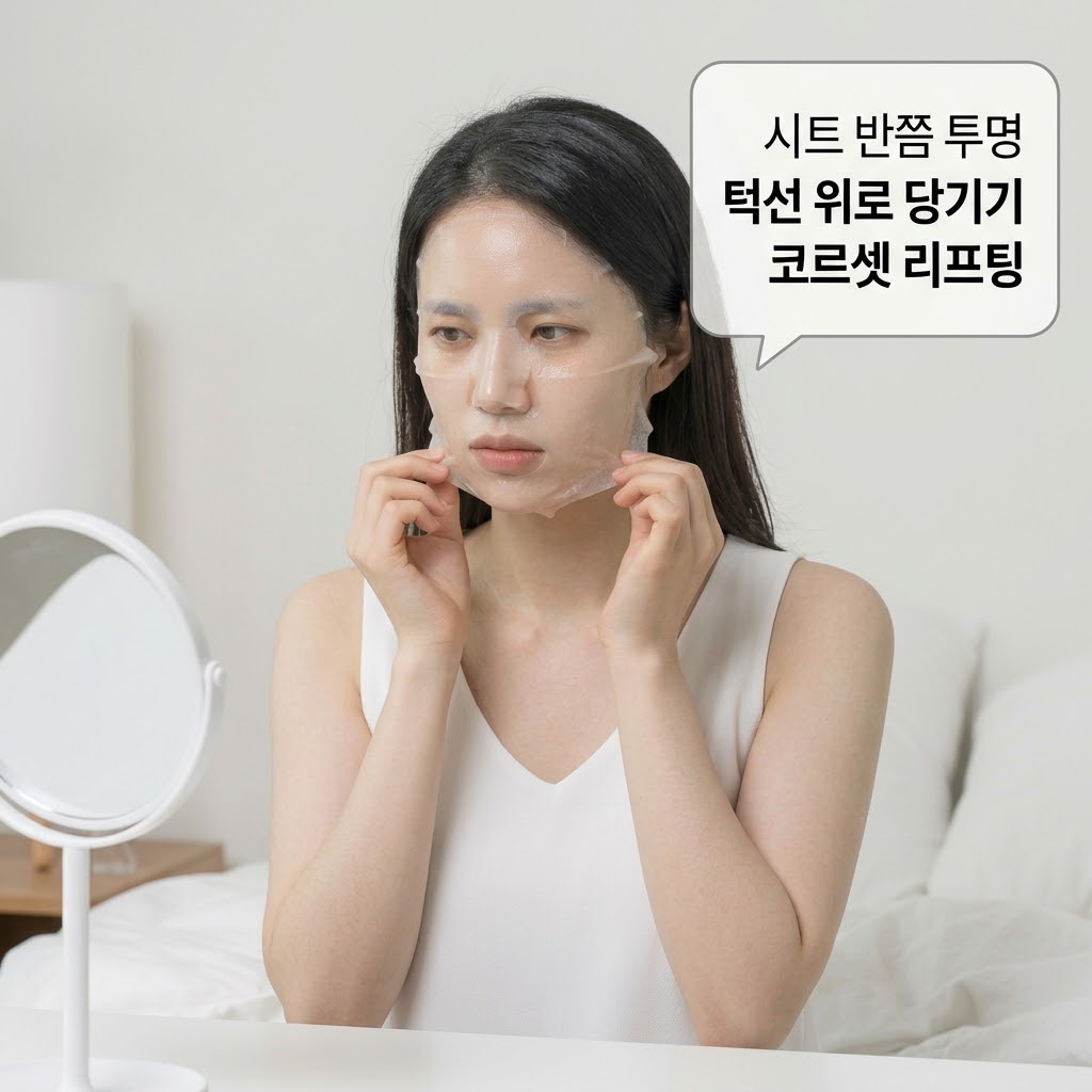 콜라겐 마스크팩이 젤리처럼 꾸덕해졌을 때 두 손으로 턱선과 볼 가장자리의 시트를 관자놀이 방향으로 당겨 올려 타이트닝 효과를 주는 리프팅 팁