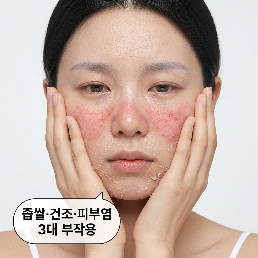 콜라겐 팩 사용 시간을 지키지 않거나 잔여물을 방치하여 피부 속에 수분이 말라 찢어질 듯 극심한 건조함과 각질이 일어나고, 동시에 오돌토돌한 좁쌀 여드름과 붉고 따가운 접촉성 피부염이 발생한 부작용 피부 상태