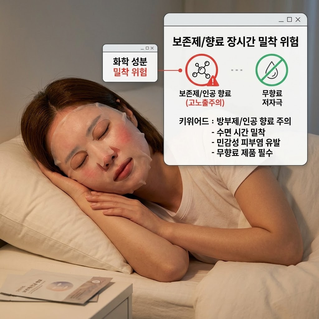 수면팩 장시간 부착 시 콜라겐 마스크팩 내부의 방부제와 인공 향료가 피부 모공 속으로 밀착되어 붉은 접촉성 피부염을 유발하는 자극적인 상태