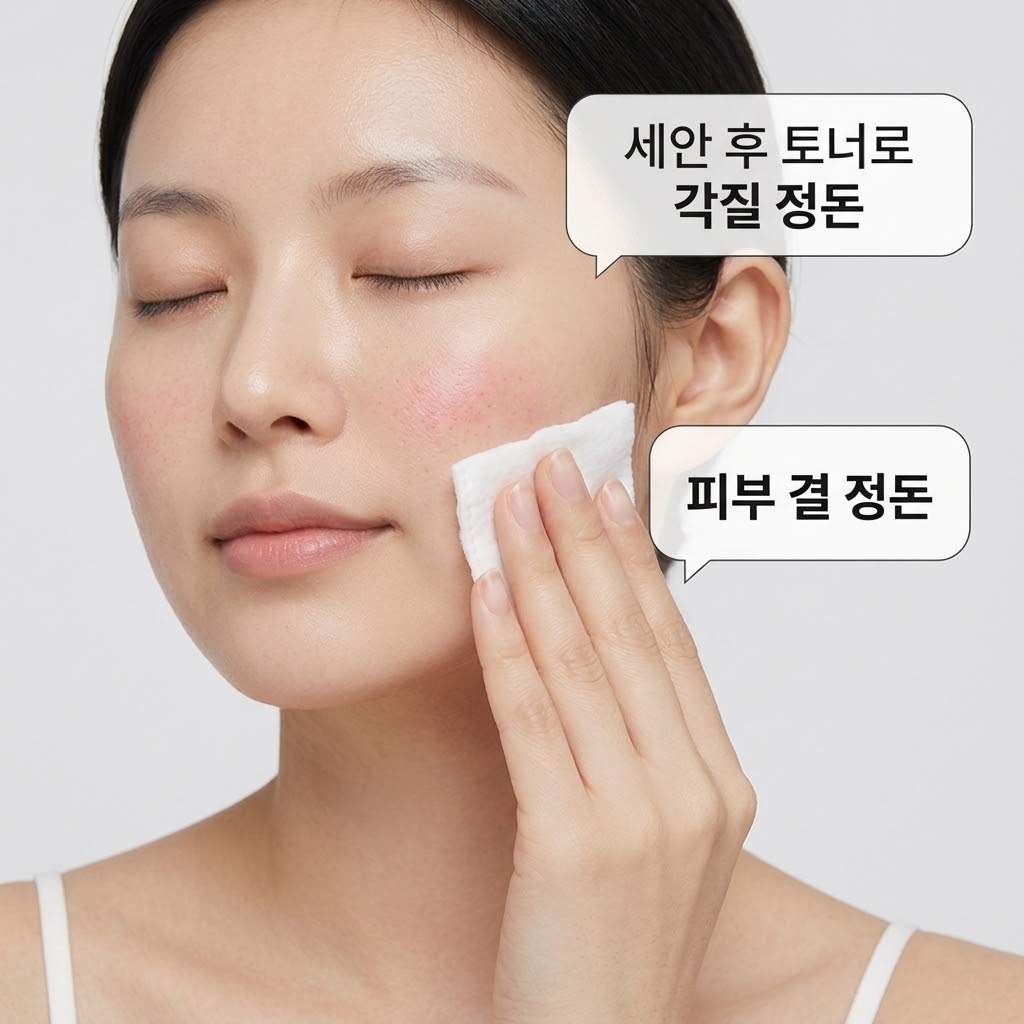 콜라겐 마스크팩 부착 전 약산성 토너 패드로 묵은 각질을 제거하고 피부 결을 정돈하는 모습