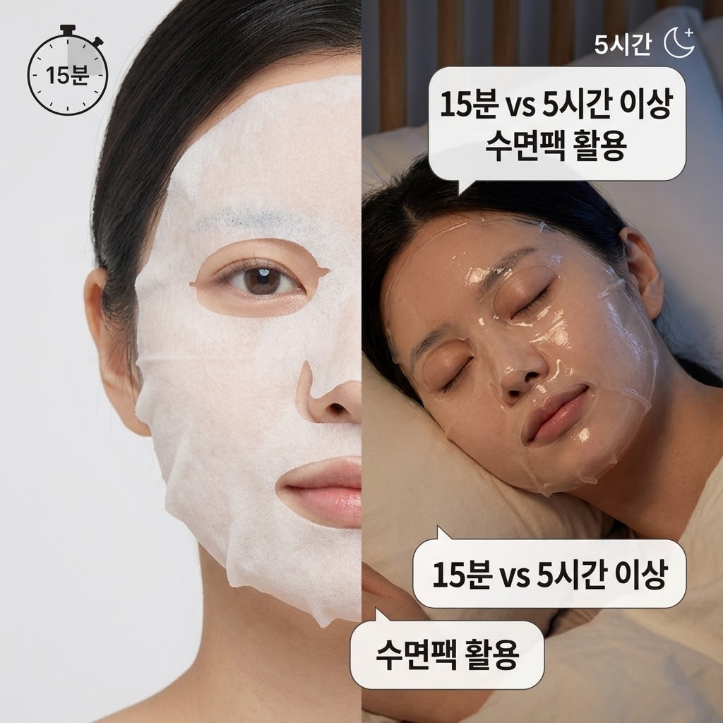 15분 후 떼어내는 일반 시트팩과 5시간 이상 수면팩으로 부착 가능한 콜라겐 팩의 사용 시간 비교