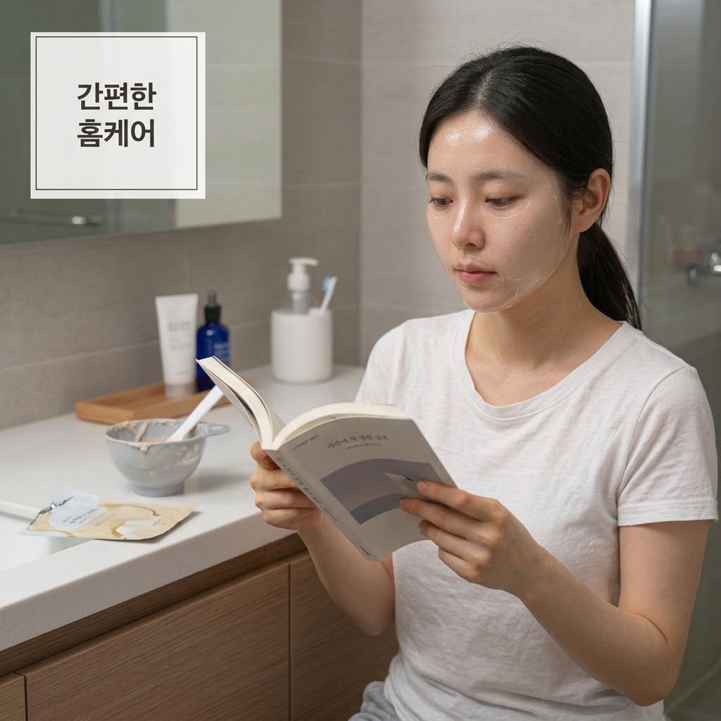 정돈된 욕실 세면대 앞. 물 양을 맞추기 까다로운 기존 팩 도구를 대신하듯 차가운 스테인리스 소재의 '계량컵 없는 믹싱 볼'은 빈 채로 뒤쪽에 자연스럽게 밀려 있고, "두 개의 사람 손"이 복잡한 조제 과정 없이 랩핑 마스크팩 튜브에서 내용물을 바로 짜내어 얼굴에 쓱쓱 간편하고 빈틈없이 펴 바르는 빠르고 실용적인 뷰티 액션.