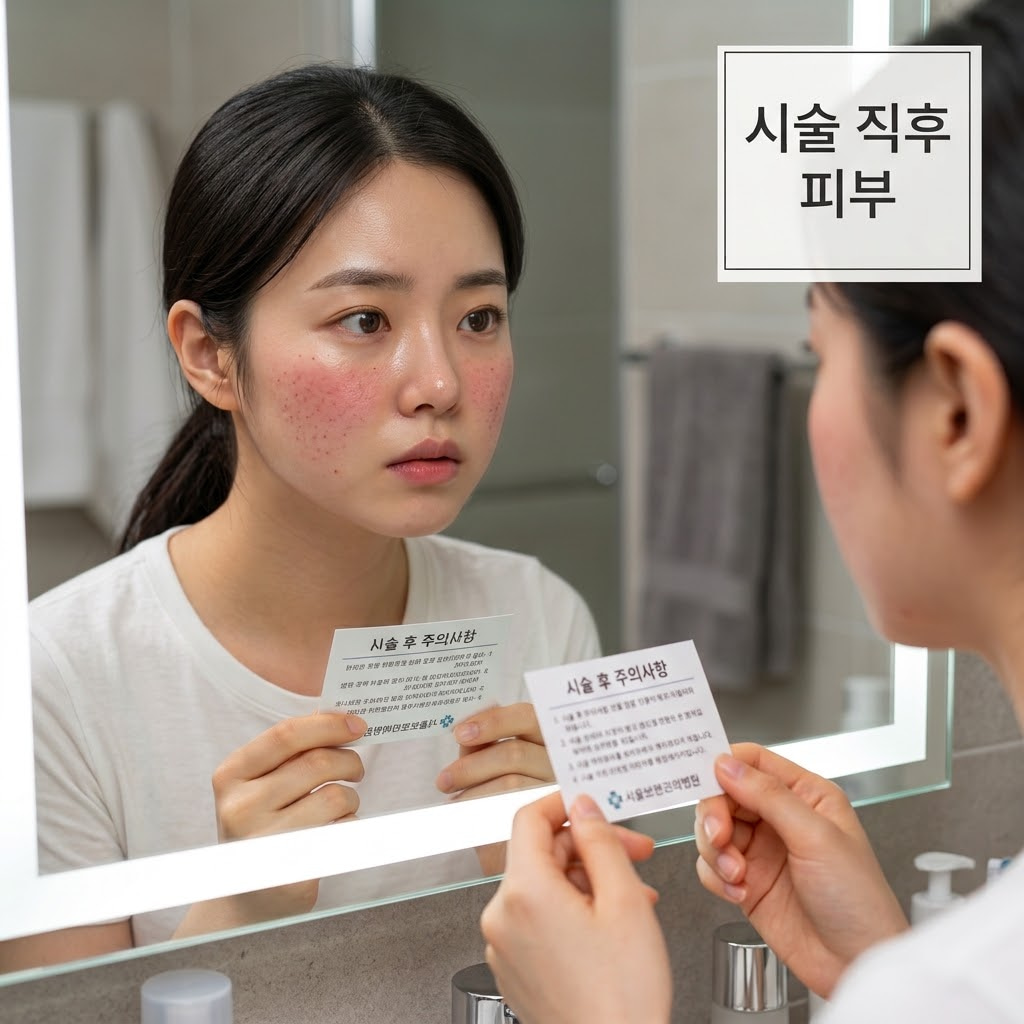 서늘하고 깨끗한 무드의 스킨케어 공간. 차가운 스테인리스 소재의 '계량컵 없는 믹싱 볼'에 얼음물로 차갑게 쿨링된 수건이 담겨 준비되어 있고, "두 개의 사람 손"이 시술 직후나 자외선에 달아올라 붉고 예민해진 양 볼에 차가운 수건을 살며시 얹어주며, 팩을 덧바르는 대신 피부 열감을 가라앉히는 데만 집중하는 부드러운 스킨케어 액션.