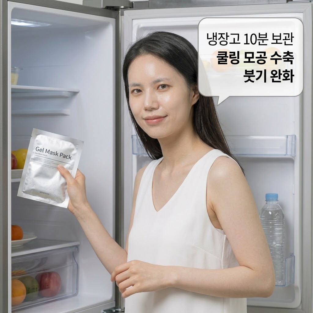 붓기 완화와 모공 타이트닝 시너지를 위해 사용 10분 전 냉장고 신선칸에 콜라겐 겔 마스크팩을 보관하는 모습