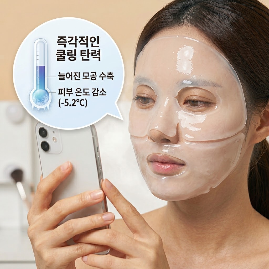 차가운 겔 에센스가 피부 열을 빠르게 빼앗아 기화하면서 세로로 늘어져 있던 모공을 일시적으로 수축시키고 쫀쫀한 탄력을 부여하는 쿨링 타이트닝 효과