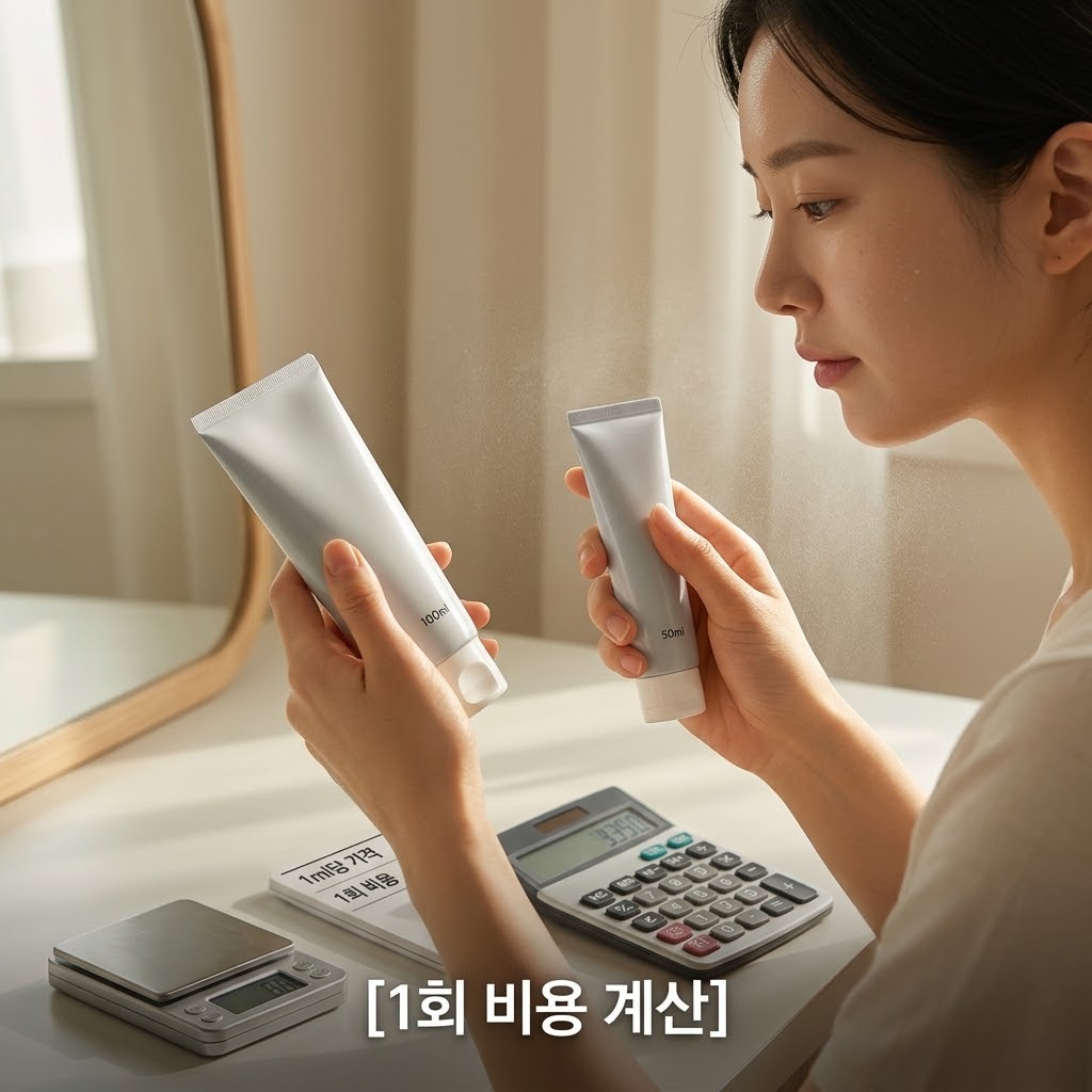 화장대 위에 100ml 대용량 튜브팩과 50ml 프리미엄 튜브팩이 나란히 놓여 있다. 두 개의 사람 손 중 한 손은 100ml 튜브를 가볍게 쥐고 있고, 다른 한 손은 스마트폰 화면에 '1ml당 단가 및 10ml 1회 비용 비교' 차트를 띄워 보여주고 있다. 제품 뒤쪽으로는 계량컵 없는 스테인리스 믹싱 볼이 놓여 있다.